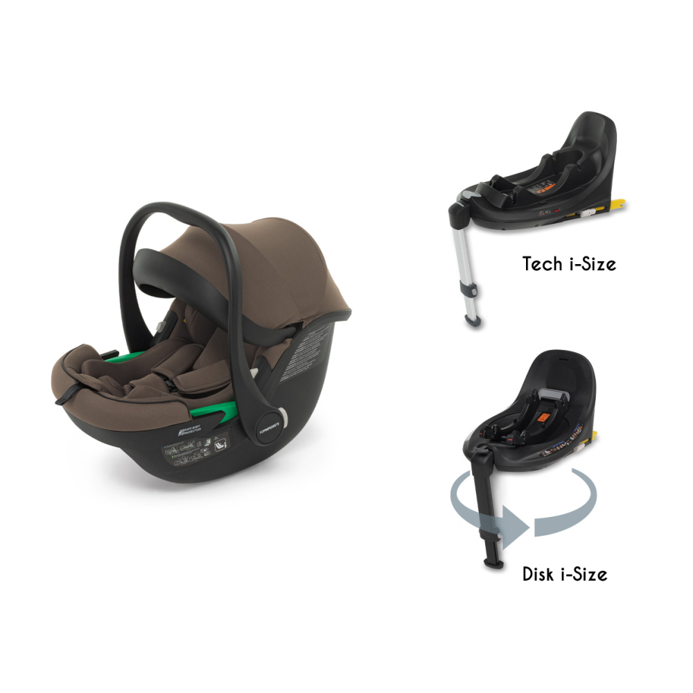 Disk Infant i-Size, utilizzabile dalla nascita a 87 cm con la base Disk i-Size o con la base Tech i-Size (vendute separatamente)