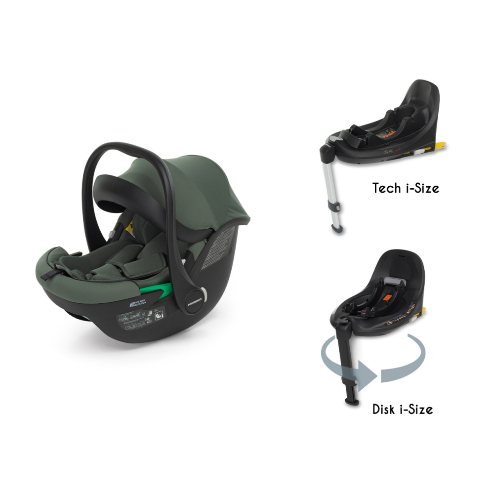 Disk Infant i-Size, utilizzabile dalla nascita a 87 cm con la base rotante Disk i-Size o con la base Tech i-Size (vendute separatamente)