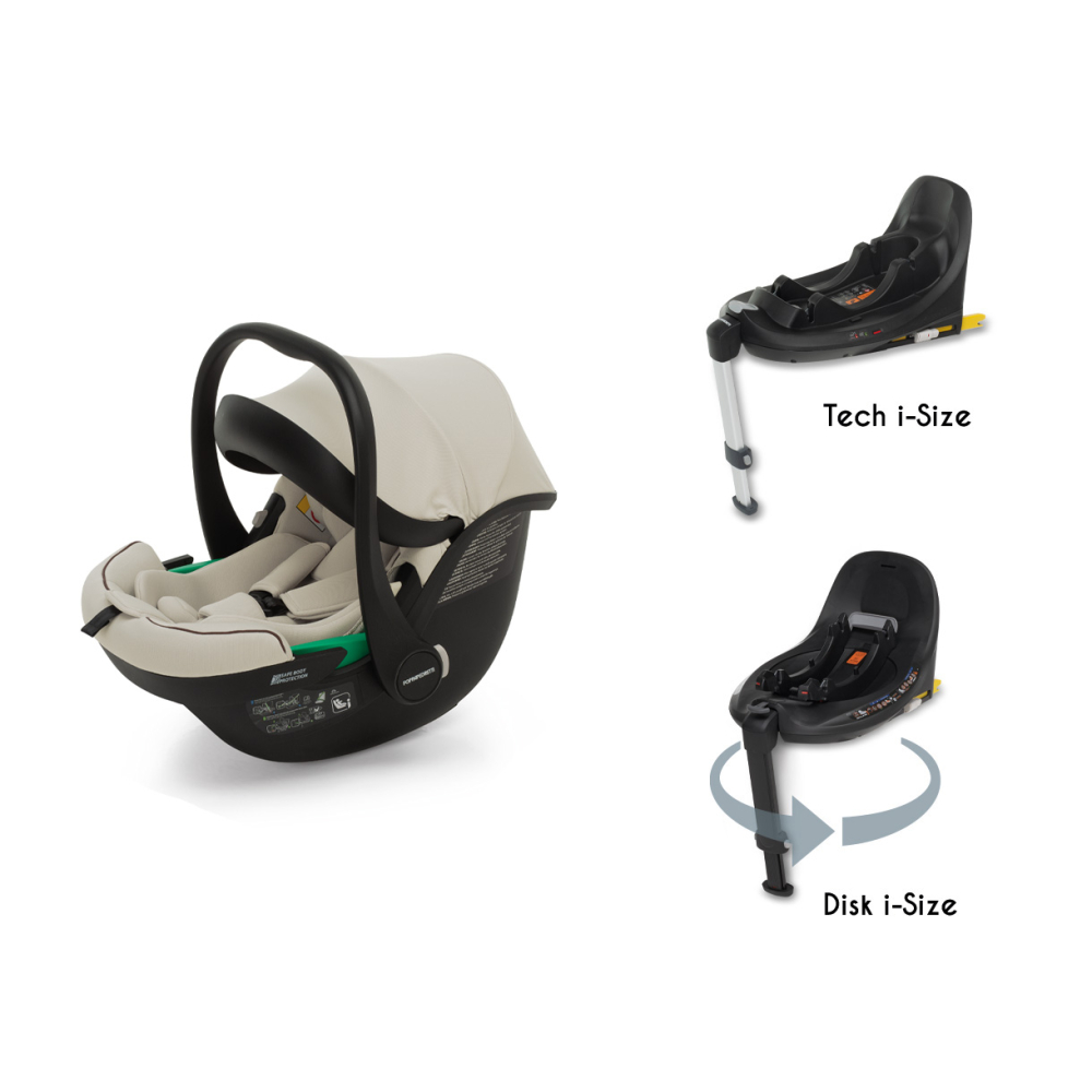 Disk Infant i-Size, utilizzabile dalla nascita a 87 cm con la base rotante Disk i-Size o con la base Tech i-Size (articoli venduti separatamente)