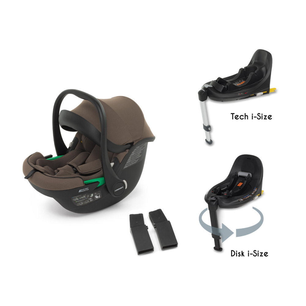 Disk Infant i-Size Commander, utilizzabile dalla nascita a 87 cm con la base rotante Disk i-Size o con la base Tech i-Size tramite gli appositi adattatori (articoli venduti separatamente)